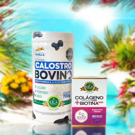 Calostro Bovino 700g + 30 Cápsulas de Colágeno y Biotina